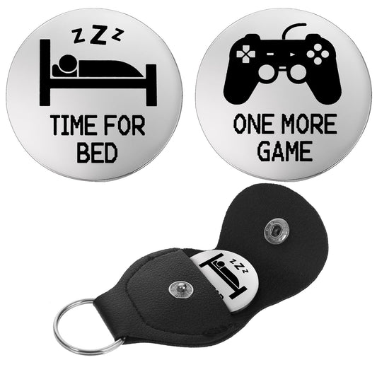 Amaxiu Decision Coins, Funny Decision Maker Coins One More Game/Time for Bed Novelty Destiny Flip Coins Pocket Hug Token Leather Keychain for Game Lovers(Silver)