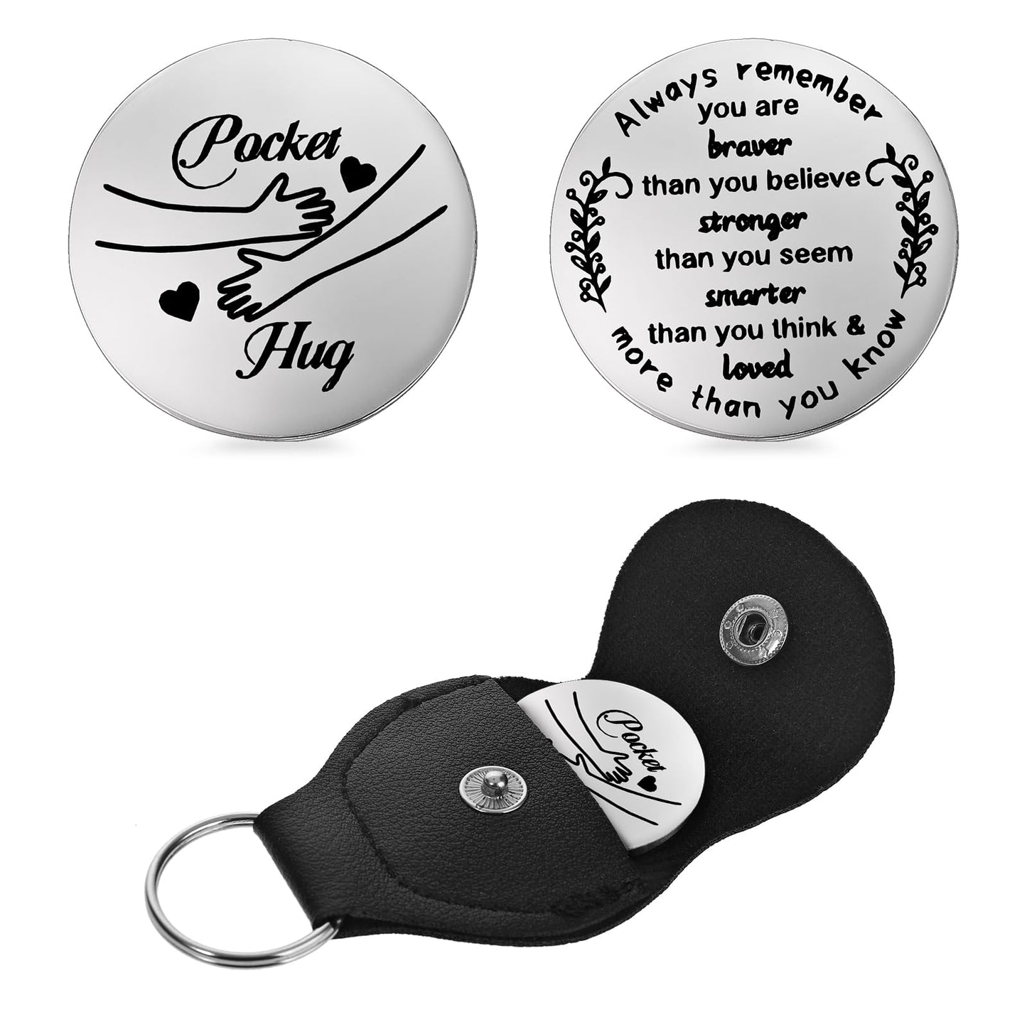 cobee Pocket Hug Token, Encouragement Long Distance Relationship Keepsake Stainless Steel Double Sided Message Engraved Inspirational Pocket Hug Token with Leather Keychain for Men Women(Style-B)