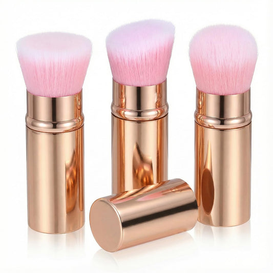 cobee 3 Pack Retractable Makeup Brush, Travel Face Blush Brush Portable Kabuki Foundation Brushes Soft Powder Foundation Brushes for Blending Liquid Blush Bronzer Buffing Sunscreen Concealing(Gold)