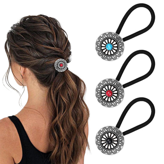AOZUO 3 Pieces Western Style Ponytail Holder Elastic Hair Band Metal Boho Hair Clips Vintage Turquoise Concho Pumpkin Flowers Hair Elastics Hair Accessories