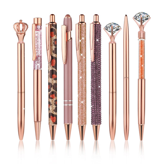 Bewudy 9 PCS Crystal Diamond Pens, Retractable Metal Ballpoint Pen Crystal Glitter Pens Black Ink Fancy Pens Gifts for Women Girls School Wedding Office Desk Supplies(Rose Gold)