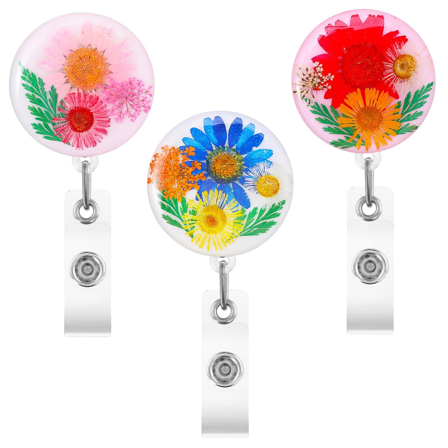 TIESOME 3 Pcs Dried Flower Retractable Badge Reel, Resin ID Card Badge Holder Reels Cute Badge Clip Floral ID Name Card Holders Aesthetics Lanyards Accessories for Nurse Doctor Teacher(B)