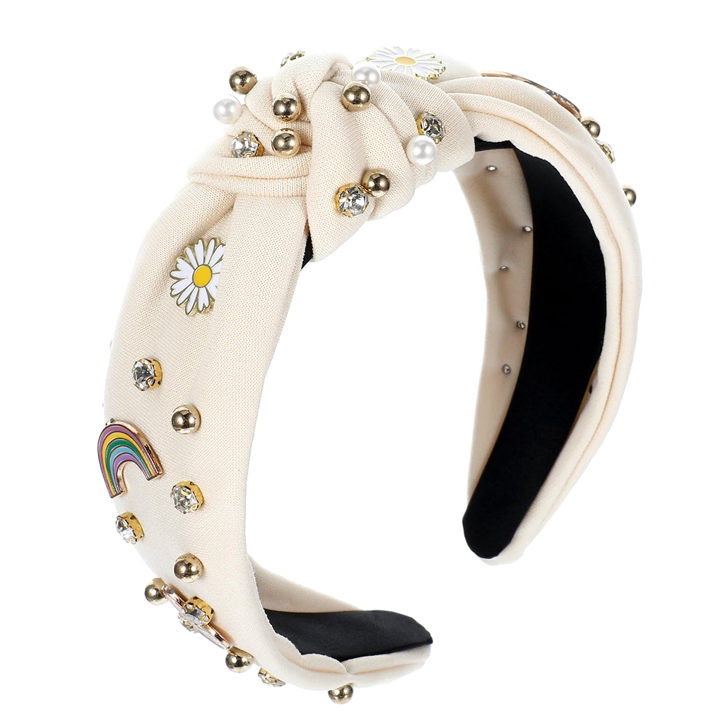 Yuanchu Pearl Headbands for Women, Knotted Rhinestone Headband Beige Cute Headbands Boho Rainbow Daisy Headbands with Sparkly Crystal Wide Pearl Knotted Twist Headband Hair Hoop Accessories