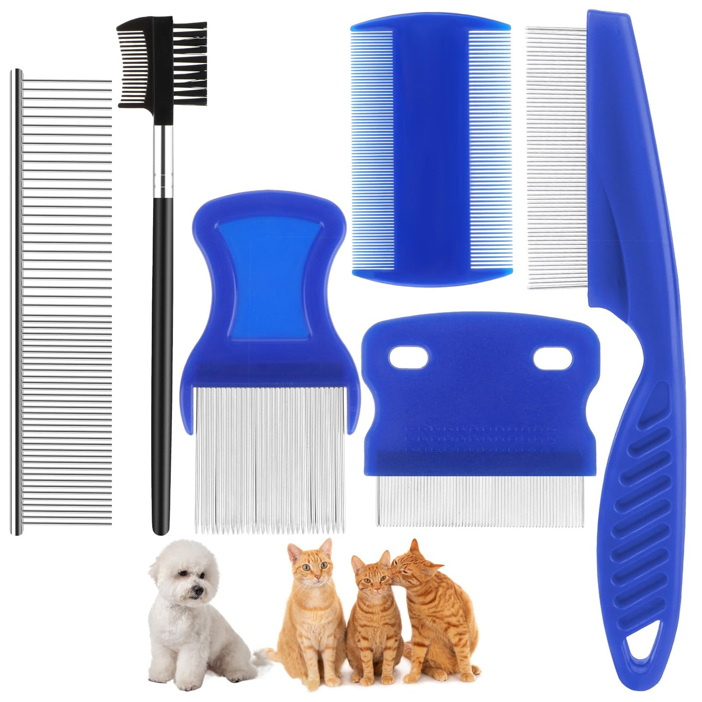 Molain 6 Pack Tick Flea Comb, Stainless Steel Dog Cat Grooming Combs with Rounded Teeth, Flea Brush for Cats Lice combs, Thick Hair Pet Tear Stain Comb, Fine Tooth Comb Dematting Tool for Dog Cat