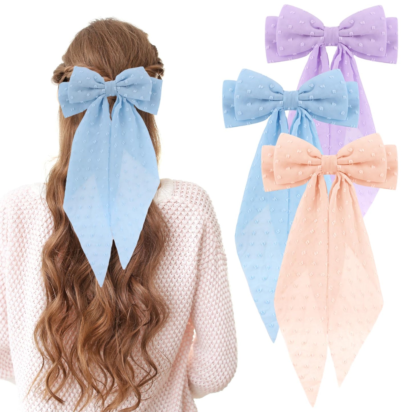 TIESOME Chiffon Ribbon Bows For Hair, 3PCS Big Tulle Hair Bows For Girls Large Hair Bow Barrettes For Women Long Ribbon Bows French Hair Clips Kawaii Aesthetic Wedding Hairpins (Pink+Blue+Purple)