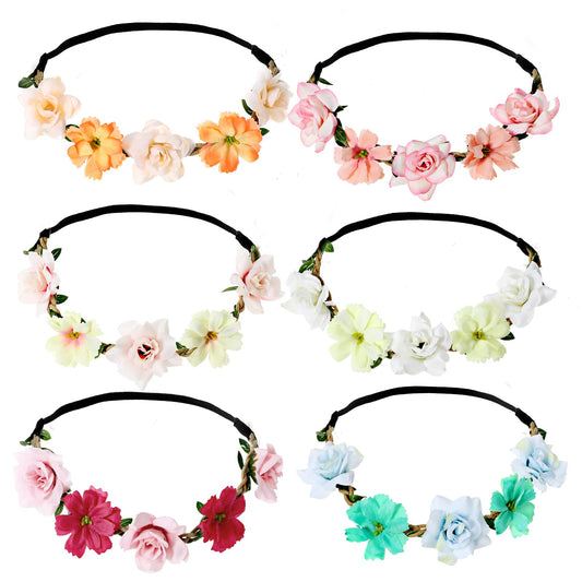 Andibro 6Pcs Flower Crown for Women Girls, Floral Headbands Elastic Ribbon Bridal Bridesmaid Fairy Headpiece Boho Flower Head Bands for Party Wedding Beach