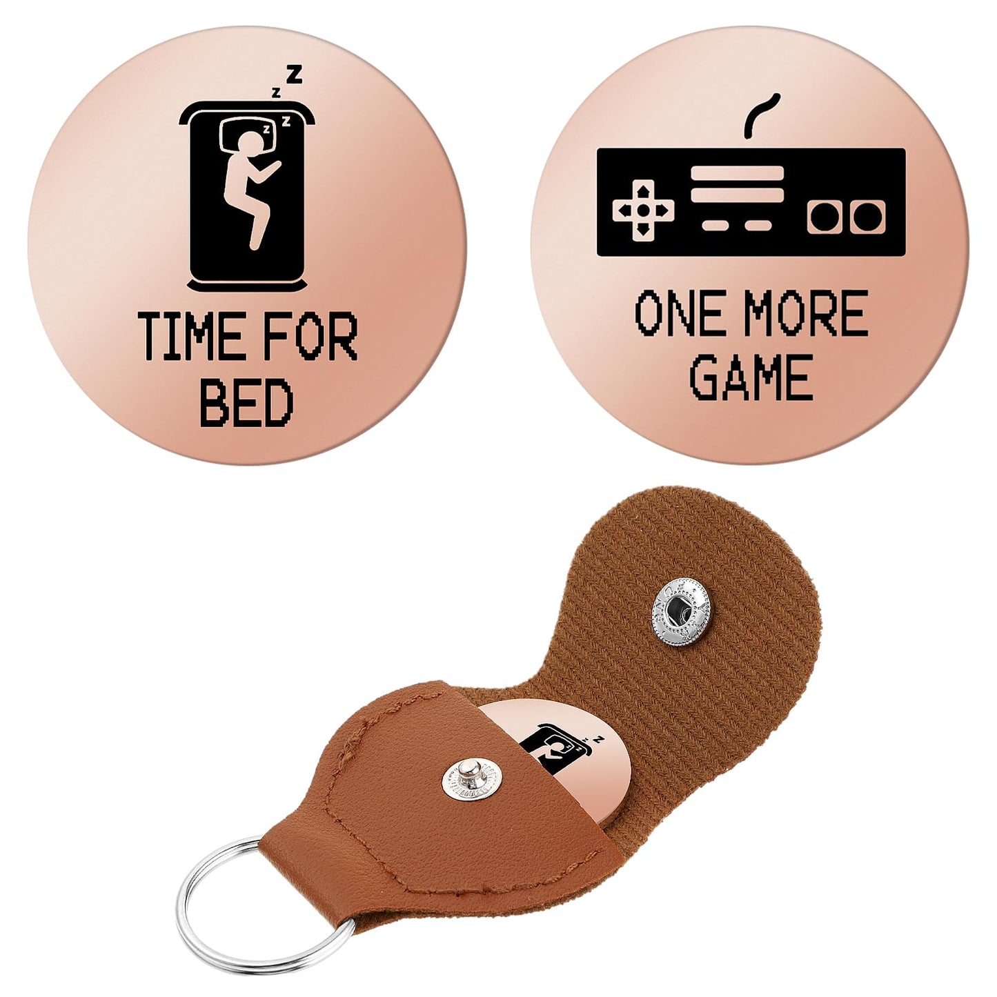 cobee Gamers Decision Coin, Funny Destiny Flip Coins One More Game/Go To Bed Double Sided Flip Decision Maker Coins with Leather Keyring Novelty Gag Gift for Stocking Stuffers Boyfriend Son Teen(Gold)