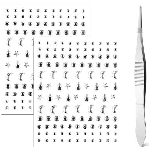 cobee 288PCS Eye Face Gems, 2 Sheets Face Jewels Rhinestones Crystals Stickers with Tweezer Self Adhesive Makeup Diamonds Stick on Face Gem for Women Party Nail Art Decorations (Moon Stars)