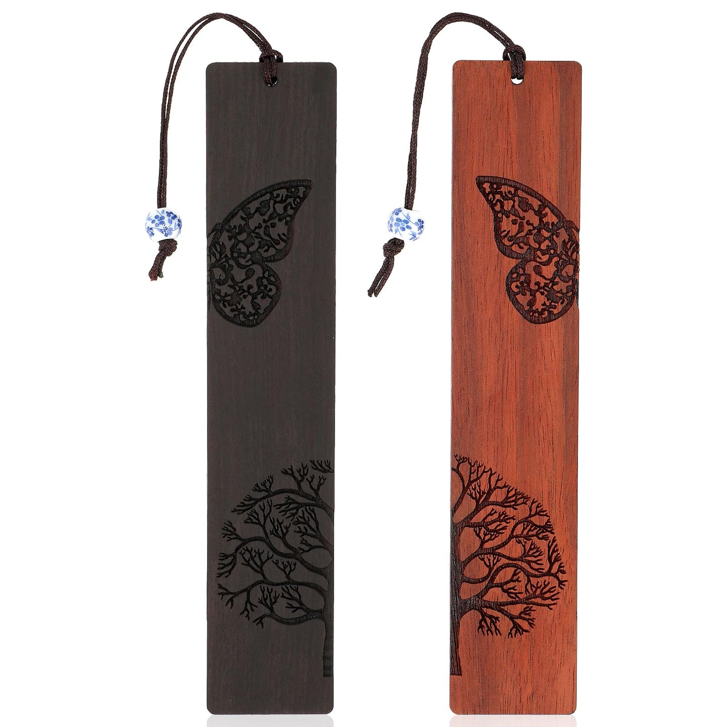 TIESOME Vintage Wooden Bookmarks, 2 Pcs Handmade Wood Book Mark Hollow Craft Bookmark with Pendant Gift for Book Lovers Women Men(B)