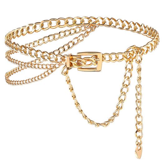 HJZHII Multilayer Metal Waist Chain, Adjustable Dress Belts Fashion Body Chain for Women Girls Dress Jeans(Gold)