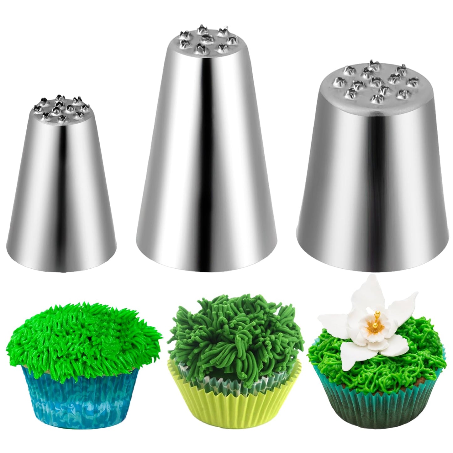 Giantree 3 Pcs Grass Icing Nozzles Set, Grass Piping Nozzles Stainless Steel Grass Icing Tips Cake Decorating Piping Nozzles for DIY Baking Cream Cupcakes Fondant Tools