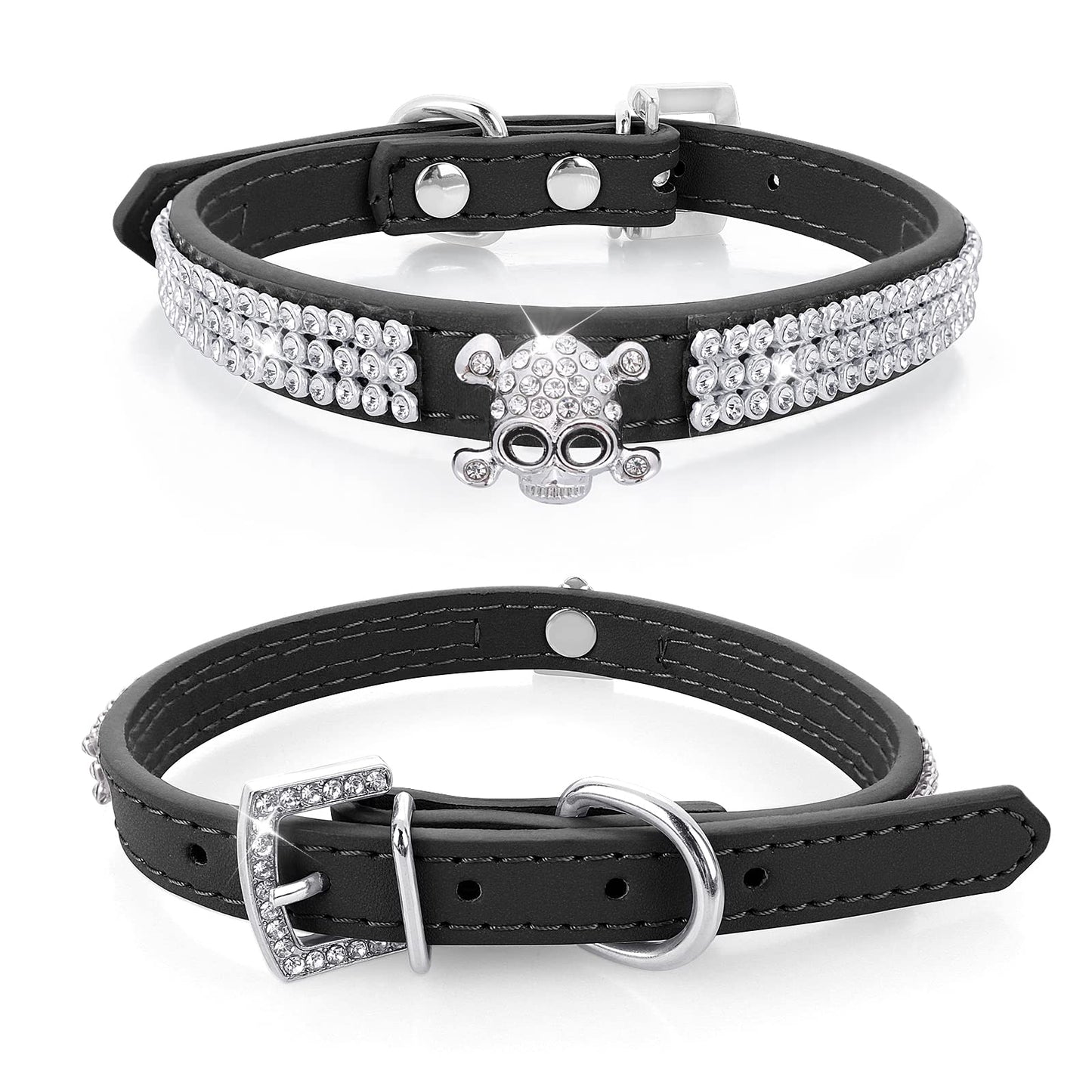 cobee Rhinestone Dog Cat Collar, Bling Adjustable Pet Collar PU Leather Puppy Collar Crystal Cat Collars for Small Dogs Cats(Black)