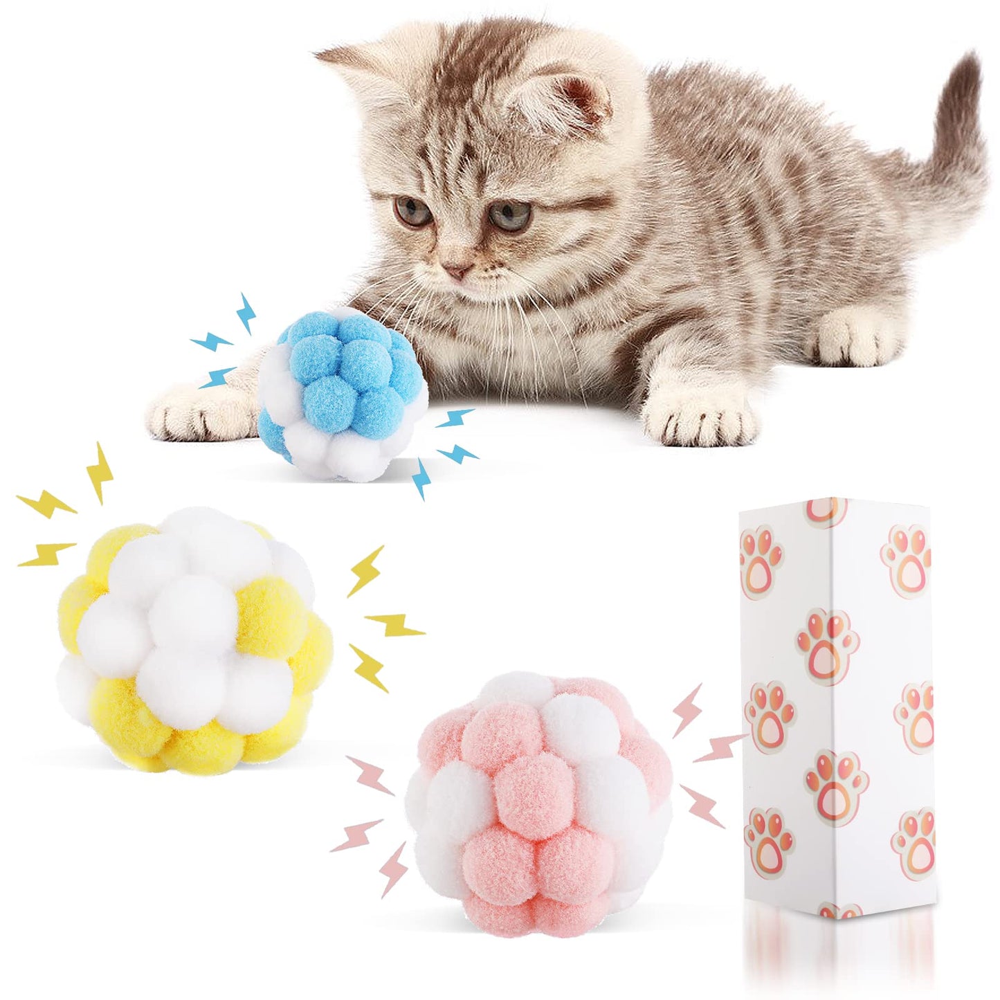 TIESOME 3Packs Colorful Cat Balls with Bell, Playing Chewing Plush Ball Cats Colorful Elastic Ball Interactive Bouncy Ball Toys for Cats Kitten Training