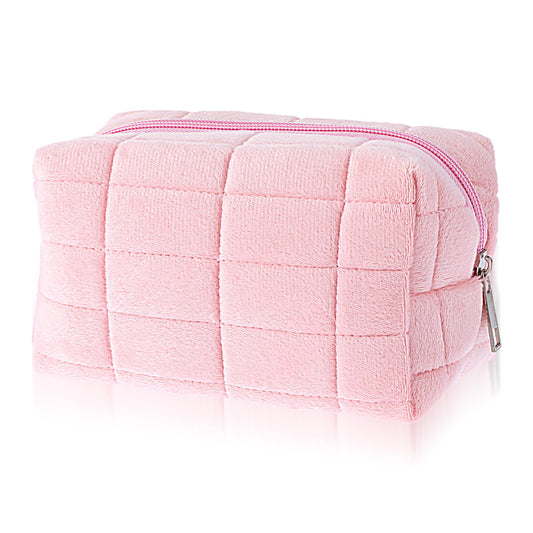 Giantree Cute Checkerboard Cosmetic Bag for Women, Suede Makeup Bag Travel Toiletry Bag Aesthetic Make Up Bag Zipper Pouch Cosmetic Organizer Bag Cute Small Makeup Bag Gift for Women and Girls(Pink)