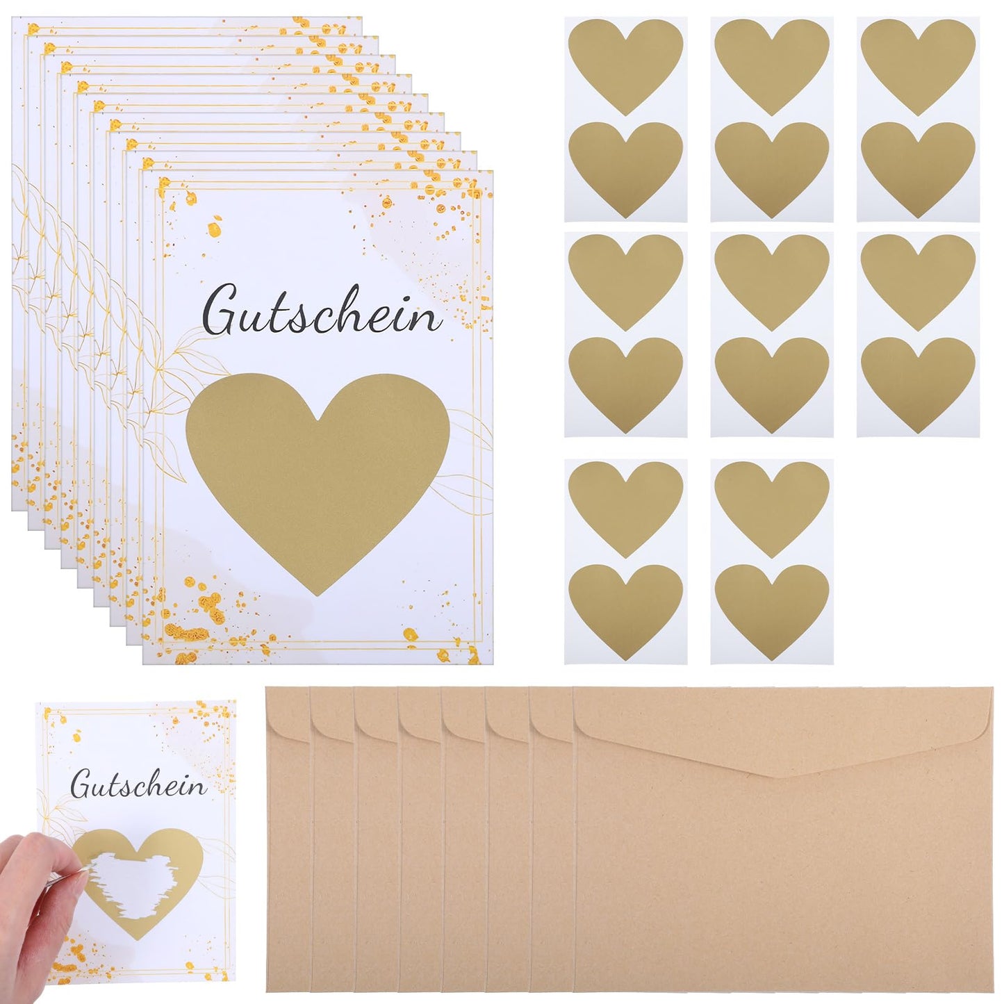 Yuanchu Scratch Cards Set of 8 Scratch Cards with 8 Kraft Envelopes and 8 Pieces Heart Shaped Scratch Film for Birthday Party Wedding Christmas (Gold)