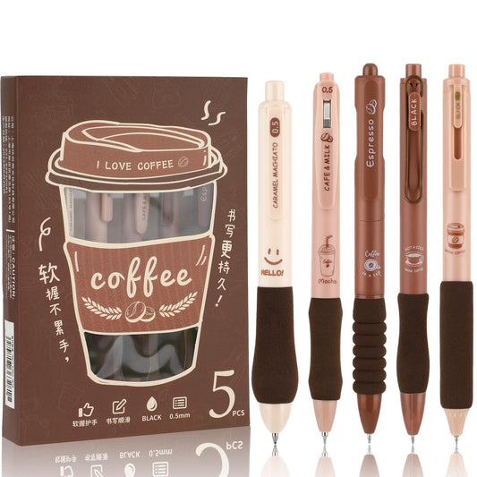 Andibro Cute Gel Pen, 5 Pcs Gel Pen with Soft Rubber Grip Retractable Pens 0.5mm Fine Point Black Ink Pens Kawaii Smooth Writing Pens for Journaling School Stationery Office Supplies (Coffee)