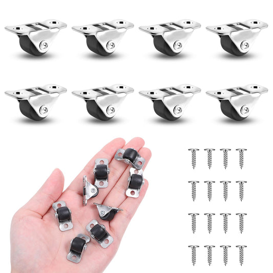 JIYIN 8Pcs 1/2 Inch Mini Caster Wheels Low Profile, Self Adhesive Single Direction Tiny Wheels with Screwtool, Little Rubber Rolling Wheels with Steel Top Plate for DIY Small Appliances Furniture(Non