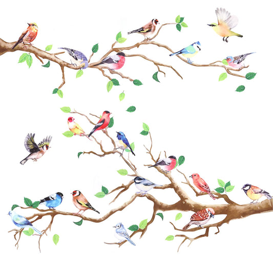 Molain Wall Stickers Birds on Tree Branch- 2 Pieces DIY Art Vinyl Removable Waterproof Wall Decal Green Leaf and Flying Bird Wall Decoration Finished size: 130×65cm
