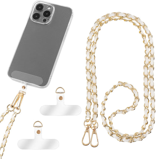 Amaxiu PU Leather Crossbody Phone Lanyard For Women, Metal Neck Phone Charm Cell Phone Chain Strap Hands Free Cellphone Neck Strap Grip Compatible With Most Smartphones(White)