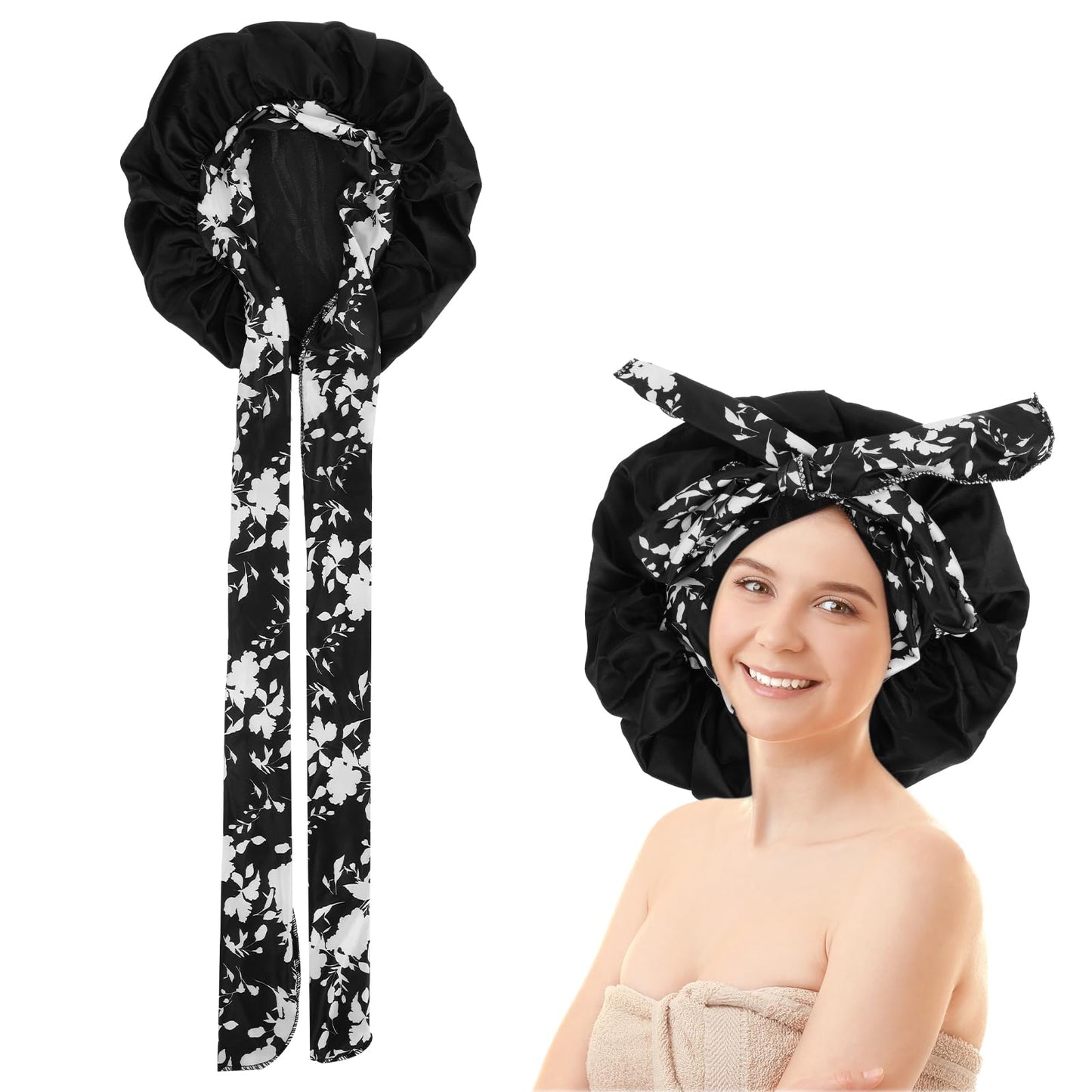 simarro Silk Bonnet Satin Hair Bonnet for Women, Hair Bonnet for Bath and Sleeping Hair Wrap with Adjustable Straps Tie Band for Women Curly Hair Sleeping Large Head-Stay On Overnight(Black)