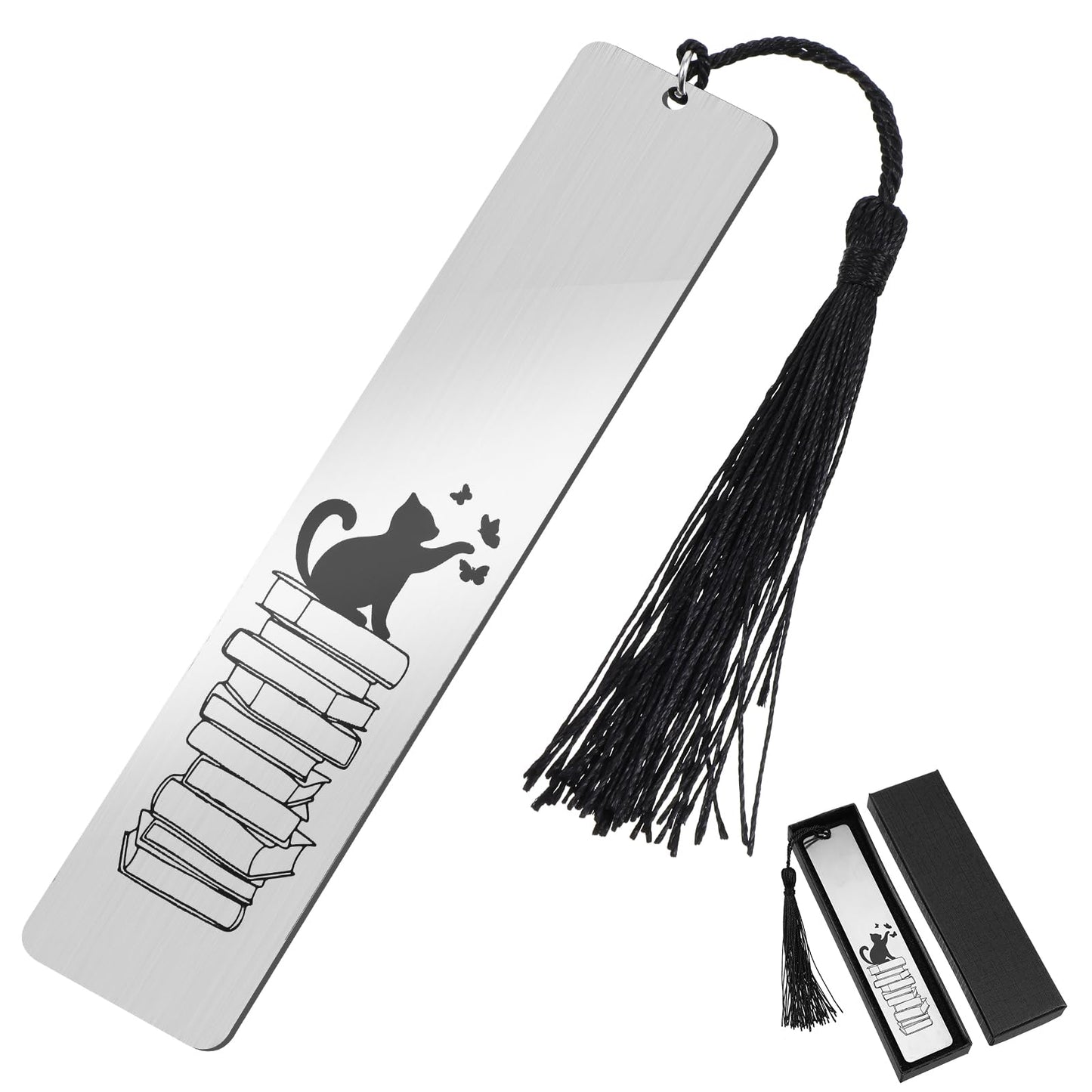 AOZUO Cute Cats Bookmark, Funny Bookmark for Women, Metal Bookmark with Scale, Romantic Book Marker, Tassel Pendant, Gift Box for Students, Teachers, School, Home (Silver)