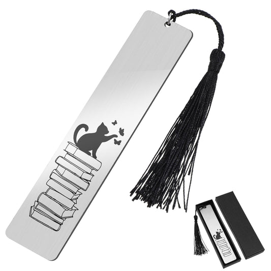 AOZUO Cute Cats Bookmark, Funny Bookmark for Women, Metal Bookmark with Scale, Romantic Book Marker, Tassel Pendant, Gift Box for Students, Teachers, School, Home (Silver)