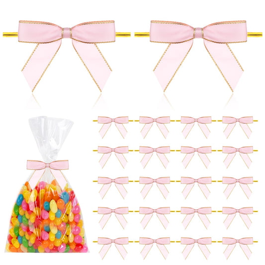 AOZUO 50Pcs Pink Bows for Crafts, Twist Tie Bows Mini DIY Satin Ribbon Bow Pre-Tied Gift Bows with Gold Edge for Gift Wrap Bags Party Favors Baked Goods Cookies Bridal Shower Halloween Party (Pink)