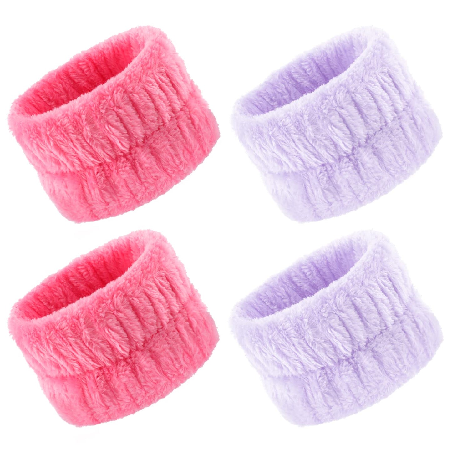 Cobee Spa Wrist Washband, 4 Pcs Coral Fleece Facial Washing Wristbands Microfiber Wrist Wash Towel WristBand Headbands for Washing Elastic Hair Band for Shower Sports Makeup(Pink, Light Purple)
