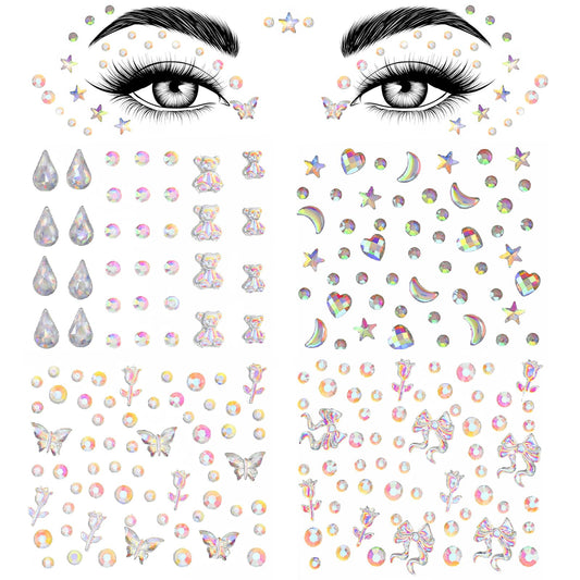 Andibro Face Gems Rhinestones Stick On, 4 Sheets Self Adhesive Jewels Stickers DIY Face Gems Stick On Acrylic Face Eyes Nail Stickers Pearls Star Moon Heart Butterfly Flower Crystal Tattoos for Women