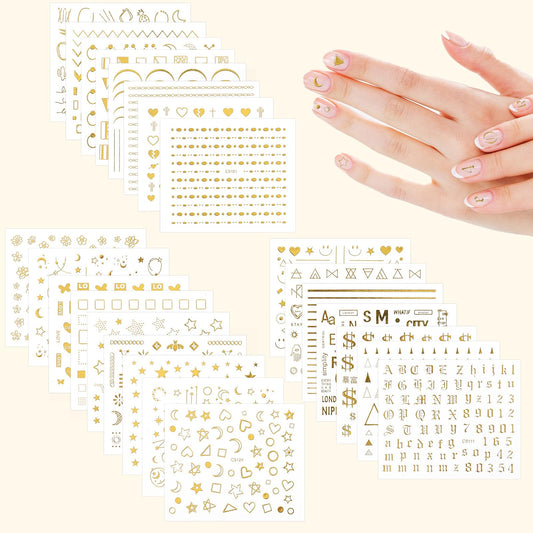 Jeffdad Nail Stickers Gold, 3D Self-Adhesive Nail Decals Gold Star Leaf Letter Smile Geometry Line Nail Designs for Women Girls Nail Art Decorations