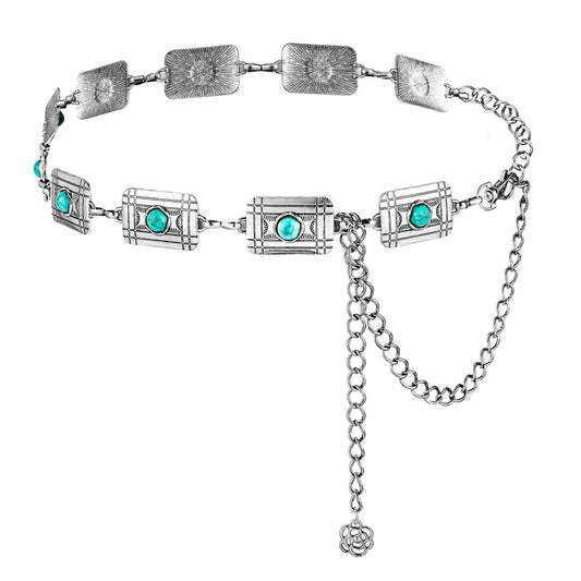 Amabro Women Metal Waist Belt, Western Cowgirl Turquoise Waistband Adjustable Boho Country Chain for Dress Jeans(Silver-2)