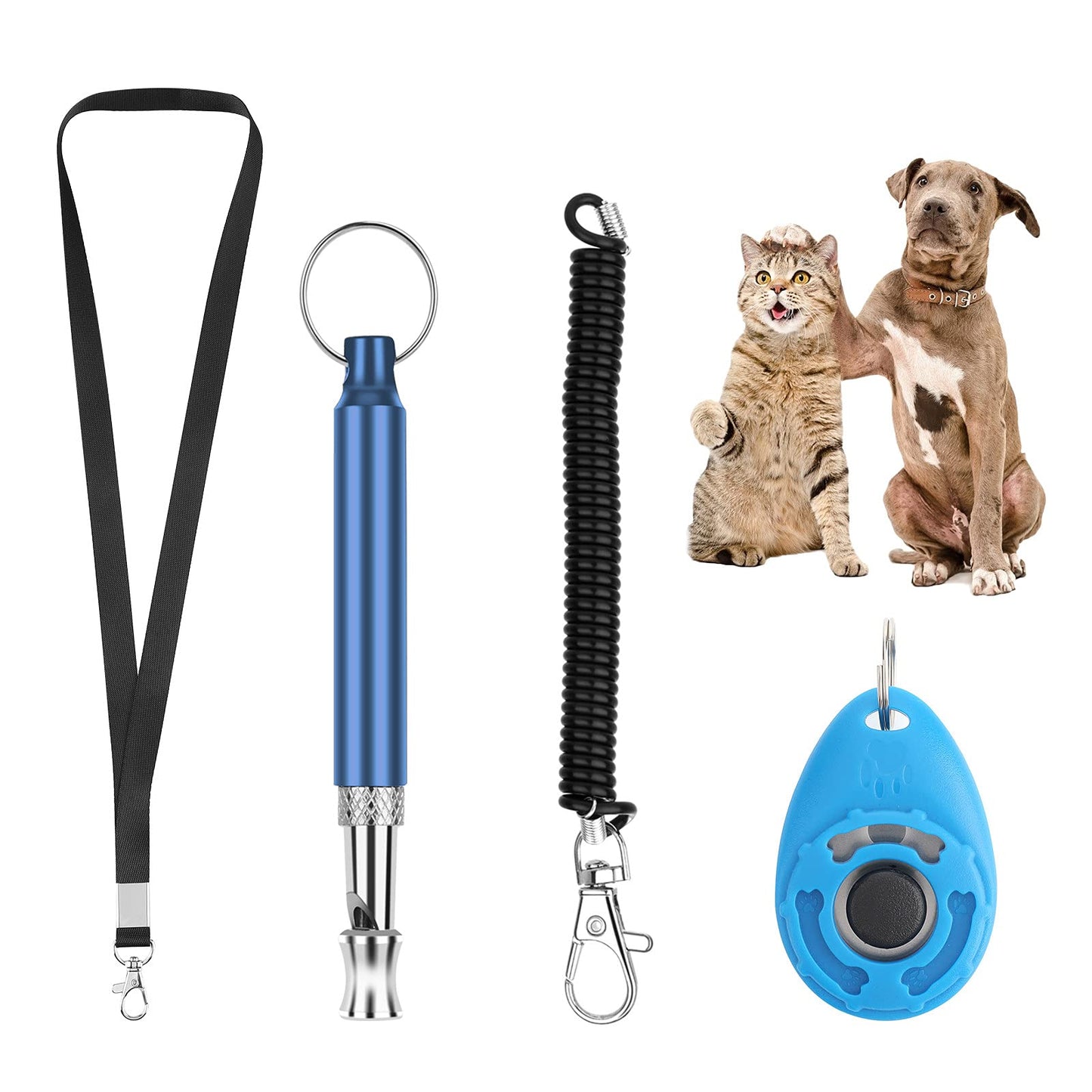 Molain 4 Pcs/Set Dog Training Whistle and Clicker, Adjustable Frequency Ultrasonic with Lanyard, Professional Pet Kit, Stop Barking, Ideal for Recall Dogs Puppy Training, Blue