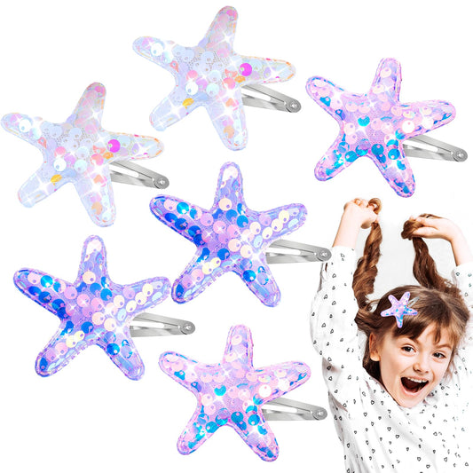 AOZUO 6 PCS Glitter Starfish Hair Clip, Sea Star Hair Barrettes Bling Beach Snap Hair Clips Starfish Hairpins for Women Girls Headwear Styling(Pink, Purple, White)