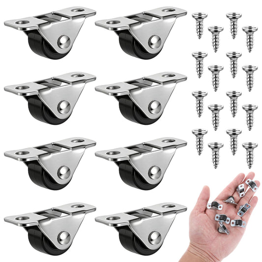 LXUEJIE 8 Pcs Mini Casters, 1/2 Inch Low Profile Fixed Caster Wheels, Single Direction Metal Top Silent Rigid Casters with Screws for Furniture, Rolling Cabinet, Trundle Bed Drawer, Silver & Black