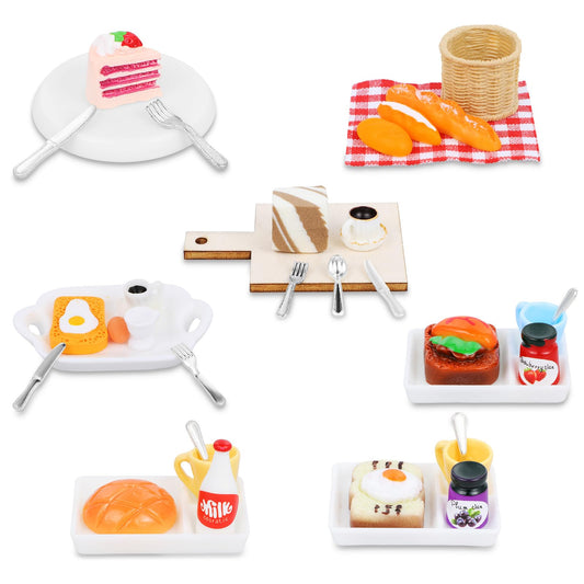 Amabro Dollhouse Miniature Food Drink, 37 Pcs Mini Dollhouse Breakfast Scene Set 1:12 Food Toy Doll House Kitchen Accessories Mini Food Model for Dollhouse Decoration Pretend Play