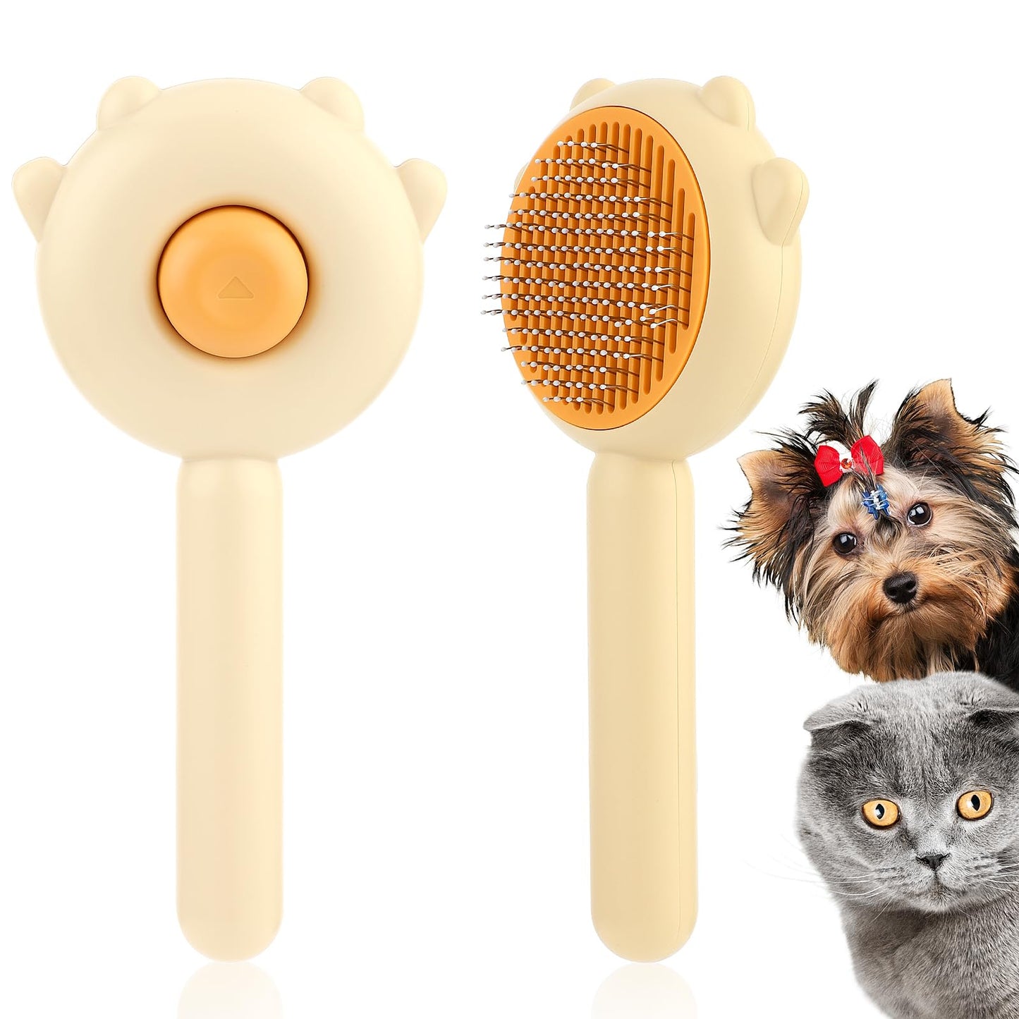 TIESOME Dog Cat Grooming Comb with Release Button, Cat Shedding Brush Pet Hair Cleaner Brush Long or Short Hair Massage Brushes Hair Remover Tool for Indoor Cat Dog (Yellow)