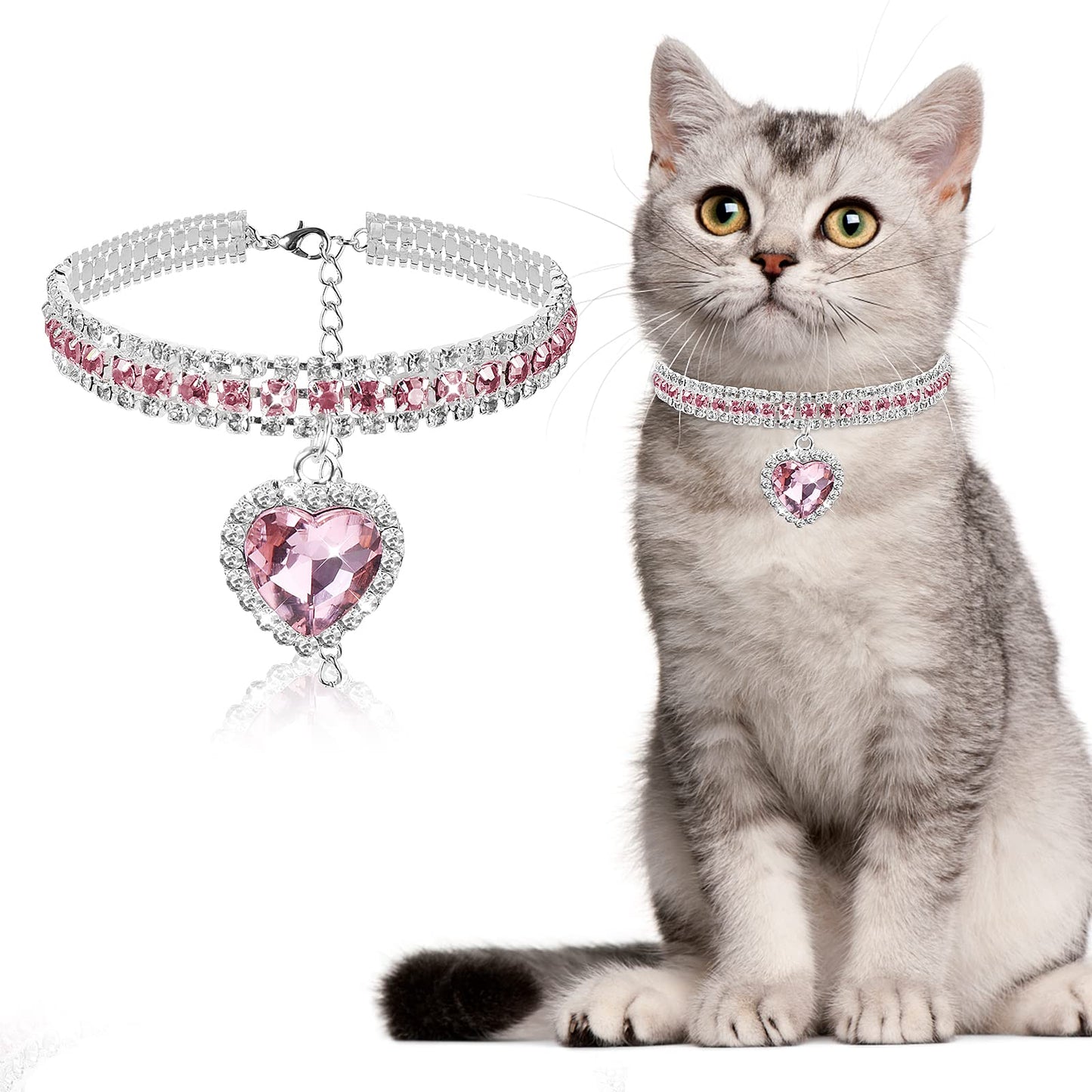 TIESOME Diamond Collar for Cat, Pet Crystal Adjustable Necklace Crystal Cat Collar with Heart Pendant Three Row Rhinestone Cat Necklace for Cat Puppy (Pink)
