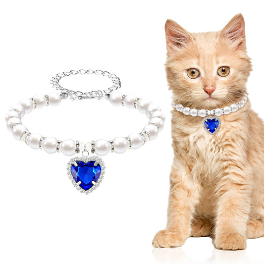 Andibro Pearl Cat Collar, Cute Rhinestone Puppy Collar Shine Small Cat Necklaces Pet Collar with Bling Accessories for Kitten Small Dogs Wedding Birthday Party(M,blue)