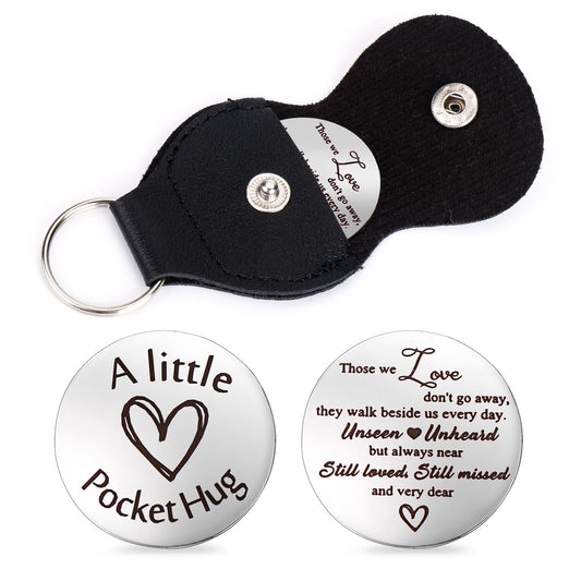 Amabro Pocket Hug Token Long Distance Relationship Keepsake Gifts Double Sided Engraved Keepsake with Leather Keychain for Women Man(Style F)