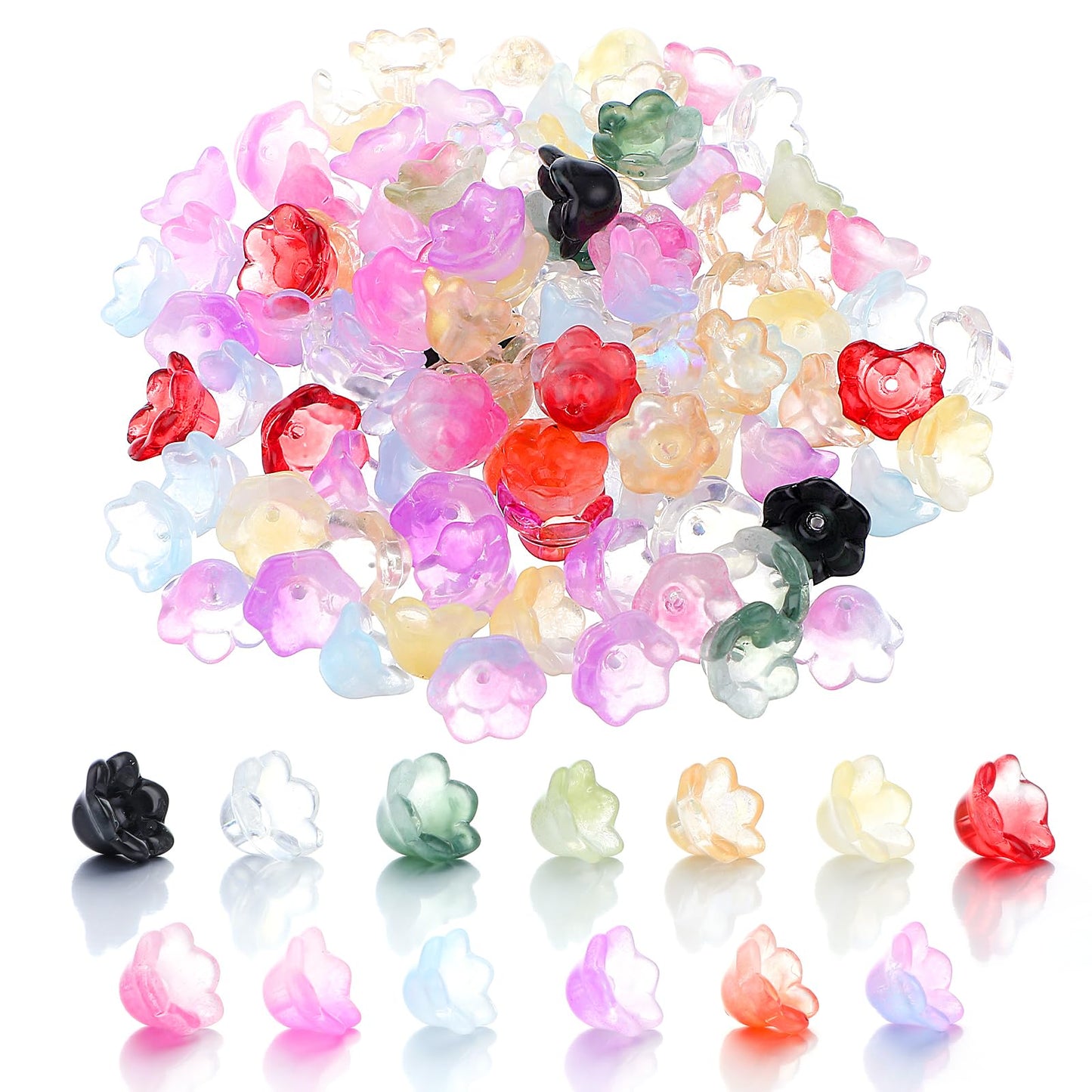 Yuanchu 120 Pcs Glass Bellflower Beads for Jewelry Making, Mixed Color Trumpet Cute Beads Gradient Aesthetic Beads Charms Clear Kawaii Beads for Bracelets Necklace Earrings Bracelets DIY Crafts