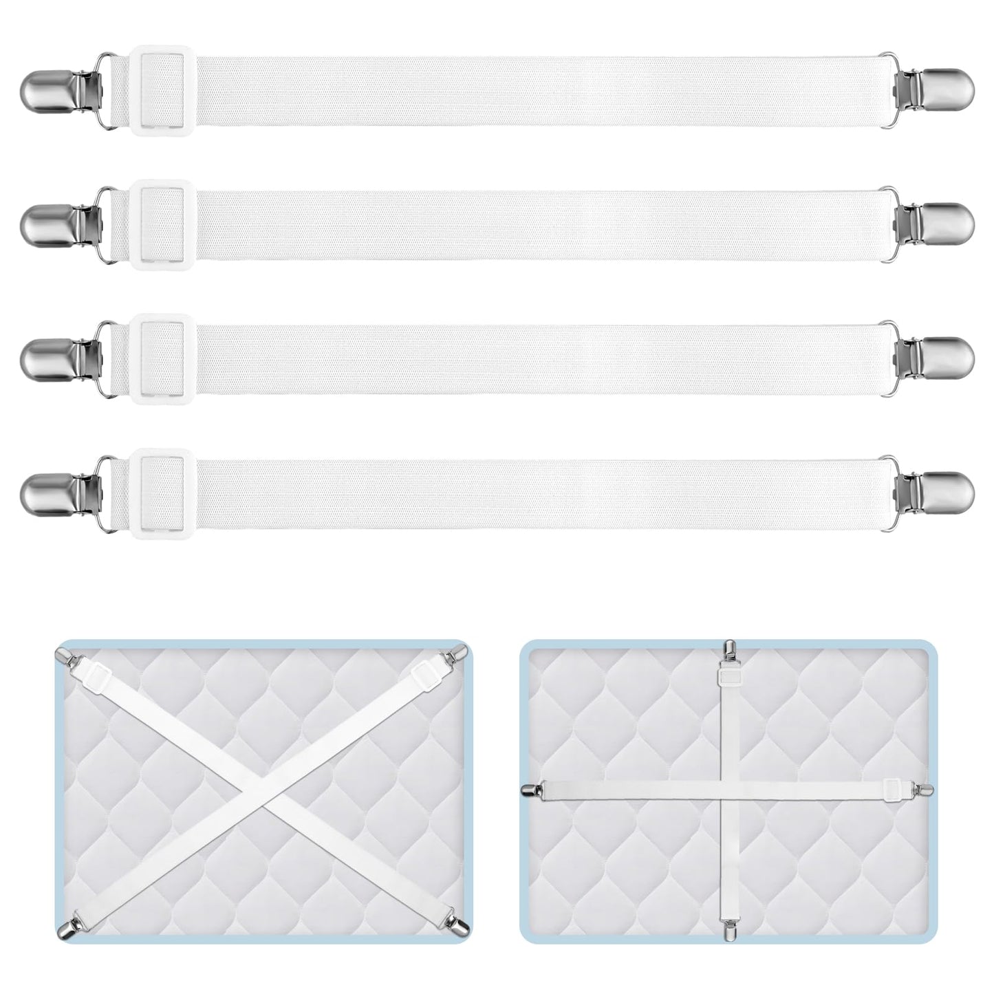 TIESOME Adjustable Bed Sheet Straps, 4Pcs Elastic Nylon Fitted Sheet Strap Clips Sheet Corner Straps Holder Mattress Clips Bedsheet Fasteners Bed Sheet Grippers Sheet Tensioners with Metal Clip(White)