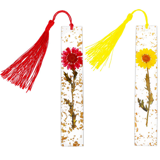 Bewudy Dried Flower Bookmarks with Tassels, Dried Flower Resin Bookmarks Handmade Transparent Floral Dried Flower Page Marker with Colorful Silky Tassel for Women Girls Gift (2pcs Red)
