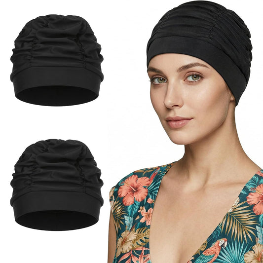 Amabro Breathable Swimming Cap Soft Women's Elastic Fabric for Long Hair Summer Beach Swimming Pool (Black)