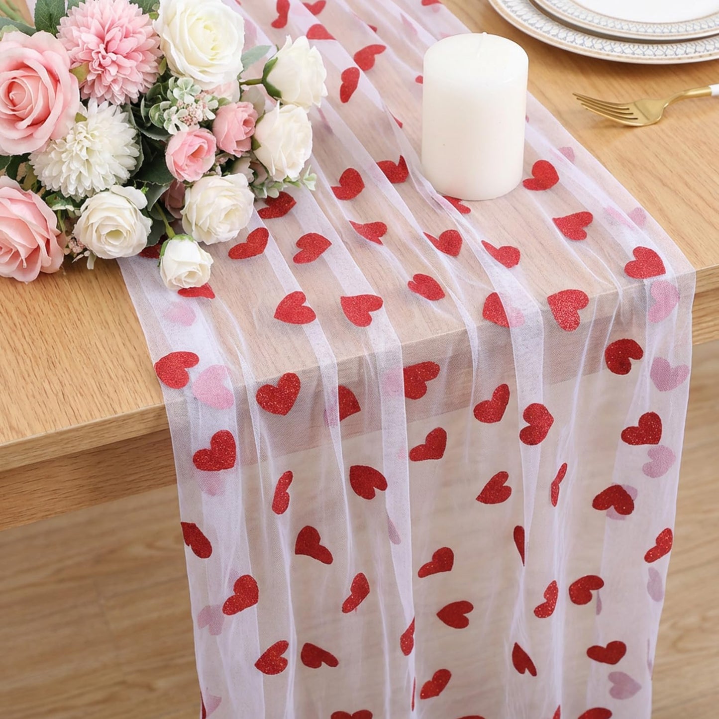 Amabro Tulle Mesh Table Runner with Hearts and Polka Dots, 70 x 300 cm + 40 x 140 cm, Washable Table Decoration for Kitchen, Living Room, Valentine's Day, Wedding, Birthday, Party (White)