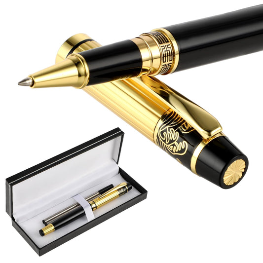 Amaxiu Luxury Heavy Rollerball Pen Set, 0.5mm Nice Metal Black Ballpoint Pen with 2 Black Refills Fancy Pens for Men Women Business Signature Journal Calligraphy Office Gift