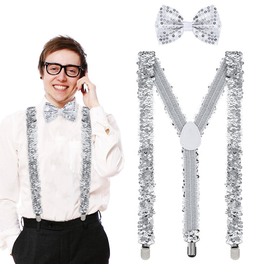 HJZHII Mens Glitter Bow Tie,Mens Glitter Suit,Sequins Bow Tie Suspenders Flashing Costumes Accessories Shiny Sequins Suspenders, silver, One size