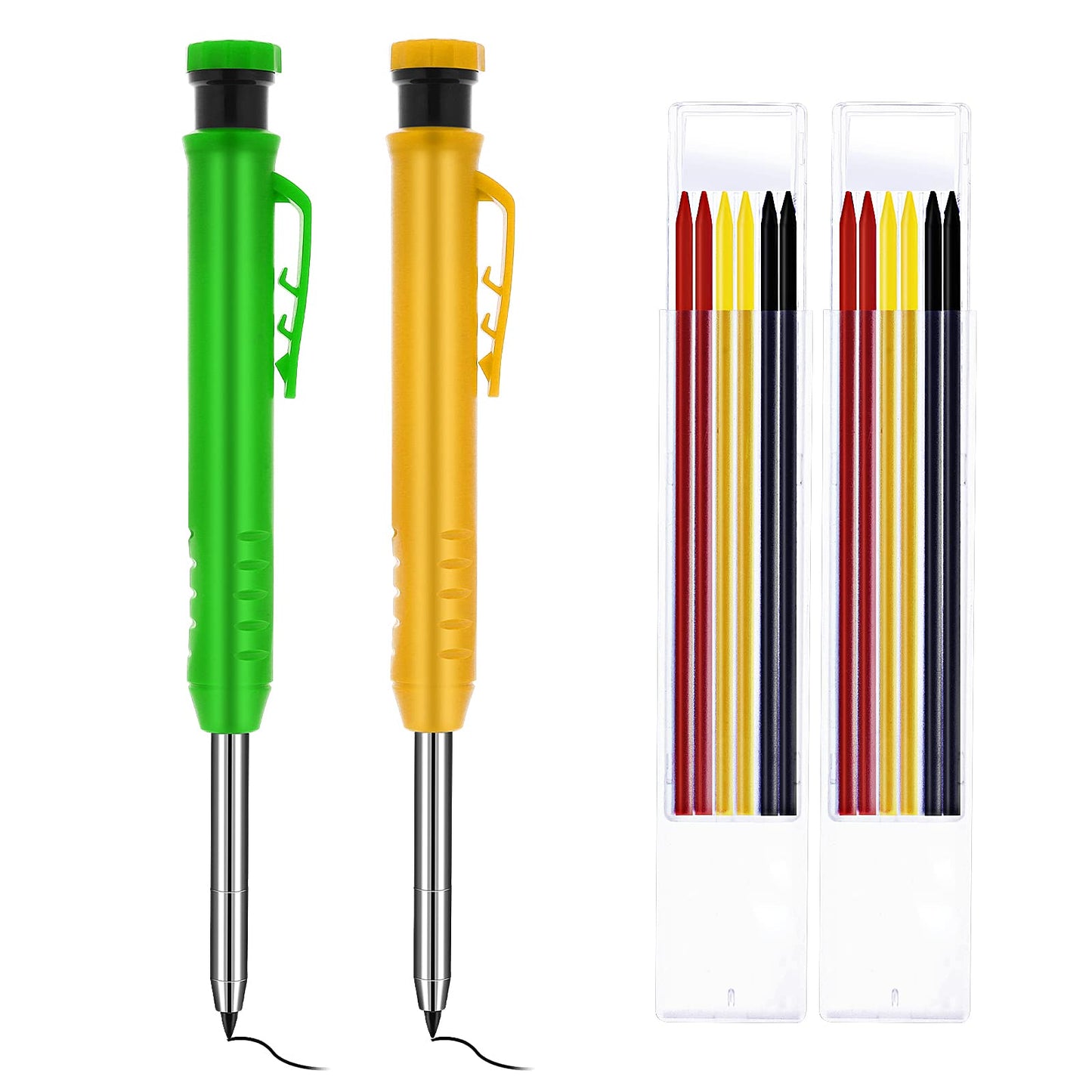 cobee Carpenter Mechanical Pencils, 2pcs Solid Carpentry Automatic Pencils Set with 2pcs Solid Carpenter Pencil Refills for Drawing Scribering Woodworking with Refills Erasers Sharpener(Green+Yellow)