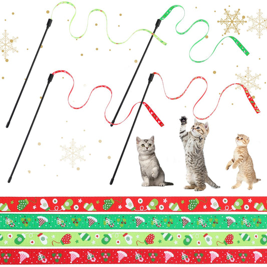 Amaxiu Christmas Cat Wand Toys, 4PCS Interactive Cat String Toys Colorful Ribbon Wand for Kittens Training Interactive Wand Stick Cat Toy for Kitten Cat Exerciser Playing(60x1cm/23.6x0.39inch)