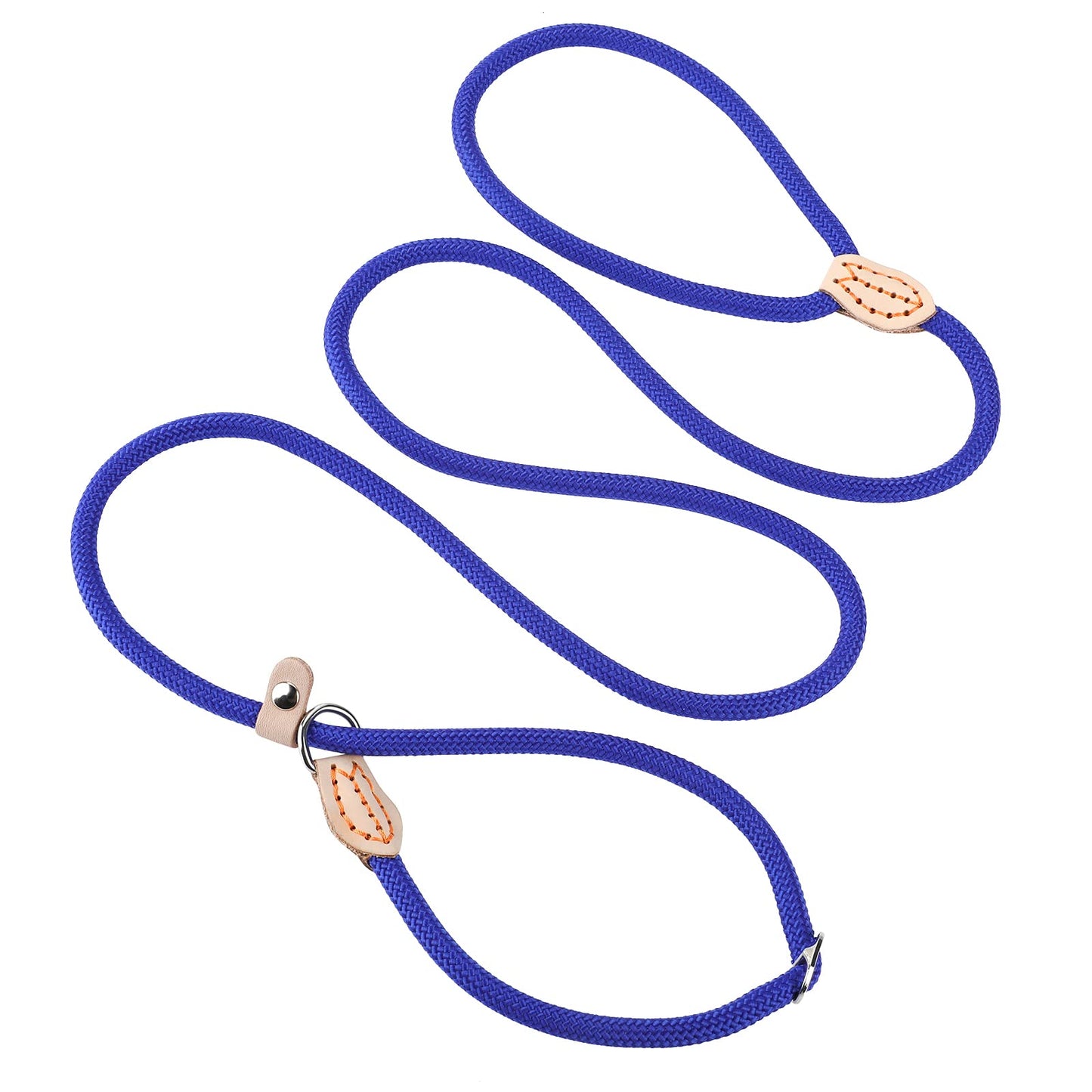 cobee Small Dog Rope Leash - Slip Control, 5 FT x 1/3" No Pull Dog Loop Leash with Durable Leather Connector and Adjustable Metal Buckle P-Shaped Puppy Traction Rope for Small/Medium Dogs(Blue)