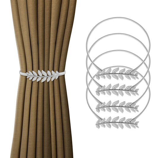 Amaxiu Leaf Carving Curtain Tiebacks, 4 Pack, Elastic Metal Spring, Silver, Decorative Modern Style for Drapes